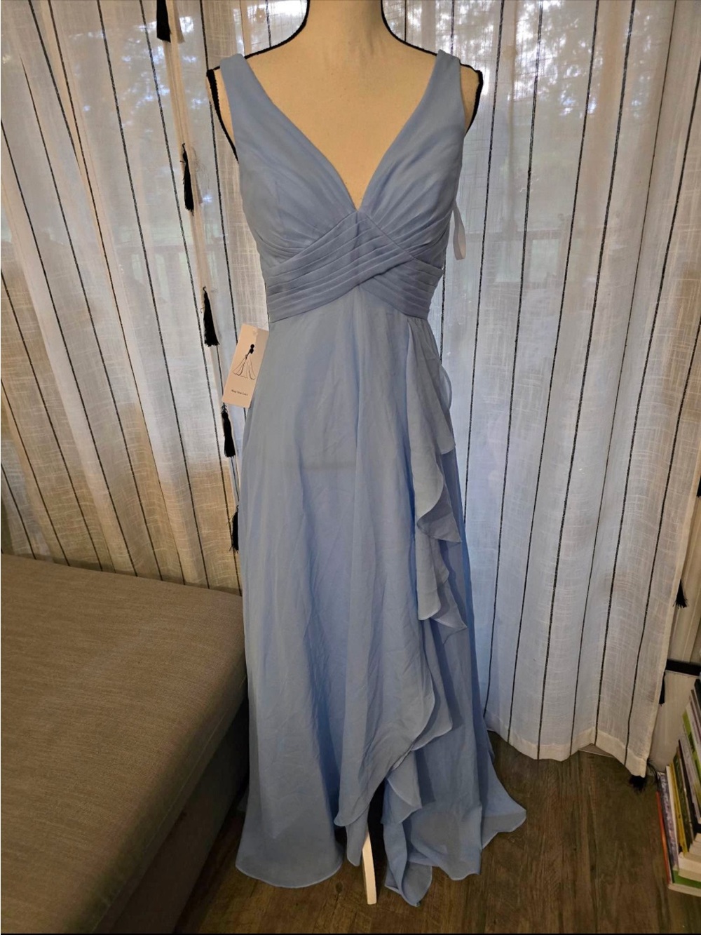 Elegant Light Blue V-Neck Ruffle Maxi Dress